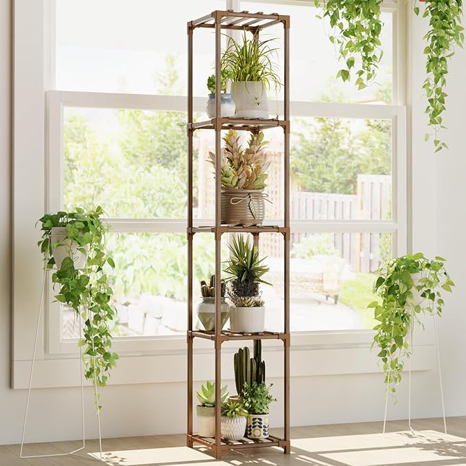 Bamworld Plant Stand Indoor Outdoor 5 Tier Tall Large Wood Plant Shelf Multi Tier Flower Stands Garden Shelves Wooden Plant Display Holder Rack for Living Room Corner
