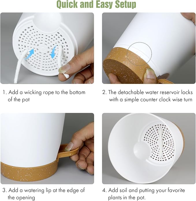 WSMKSZ 4 inch Self Watering Pots for Indoor Outdoor Plants, 6 Pack Plastic Flower Planters with Drainage Holes and Removable Saucers, Plant Pots with Wicking Rope, Modern Decor, White Brown