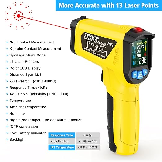 Infrared Thermometer Gun -58°F to 1472°F, Digital Temperature Gun/K-Type Probe -14°F~932°F, Humidity Sensor, IR Laser Temp Gun with Color LCD for Cooking Pizza Oven BBQ HVAC Home-Industrial