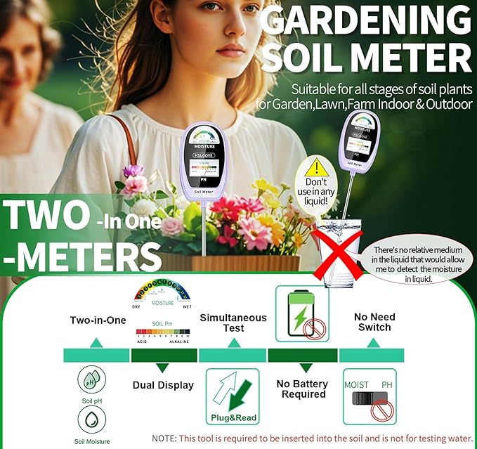HSLGOVE Soil Test Kit, 2-in-1 Soil Moisture Meter/Soil PH Meter, Dual Screen Soil Tester, Soil Moisture Meter for Plants Watering/Gardening for Lawn,Farm Indoor&Outdoor Use-Purple