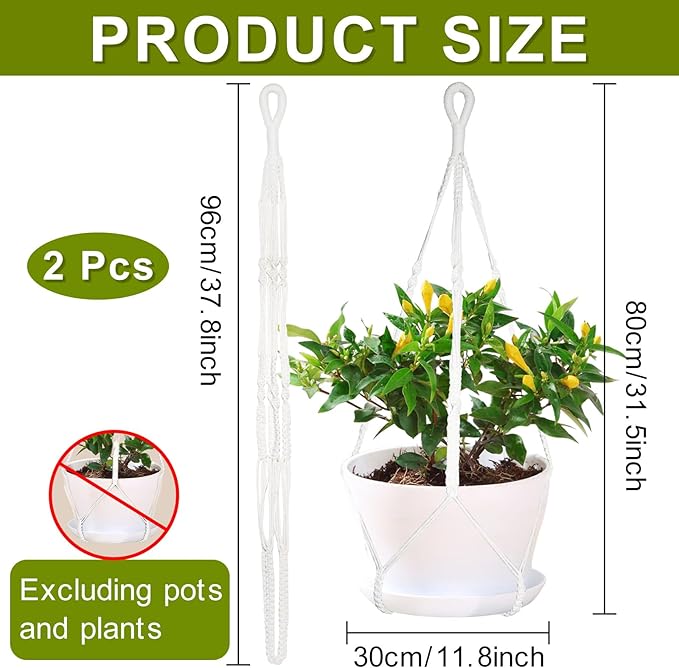2 Pack Macrame Plant Hangers, 38‘’ Plant Hangers Indoor, Handmade Woven Cotton Style Hanging Plant Holder, Short No Tassels for Indoor Outdoor and Home Decor Hanging Planter