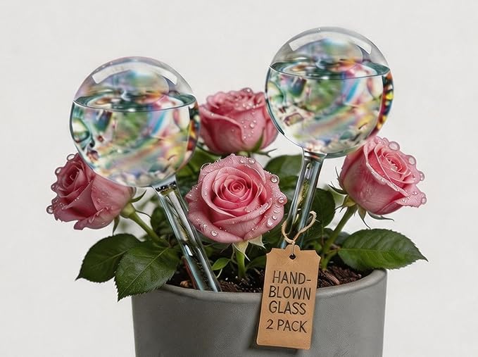 Plant Watering Globes, Thick Clear Iridescent Rainbow Glass Self Watering Globes, Automatic Plant Watering Bulbs for Indoor & Outdoor Potted Plants, Hanging Baskets, Home & Garden, 2-Pack