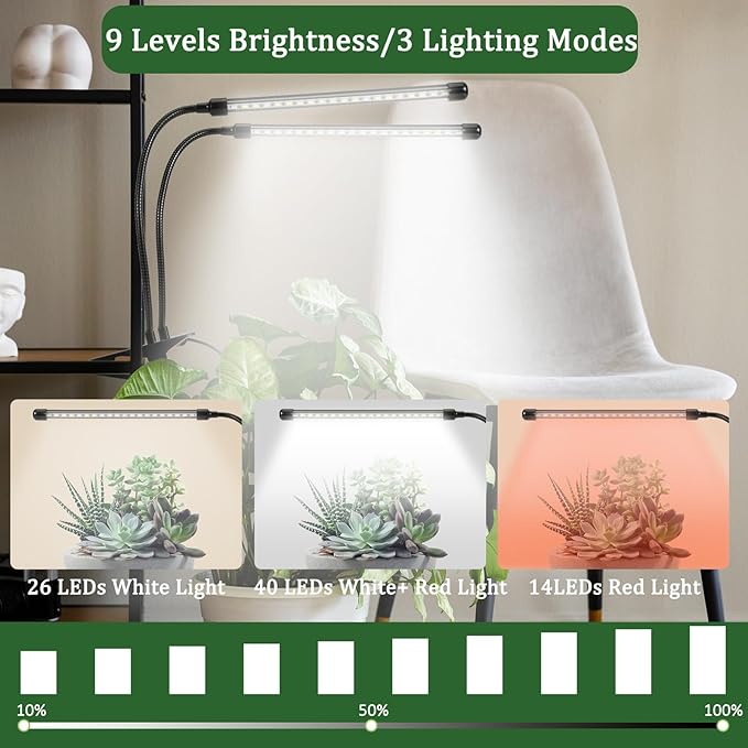 Full Spectrum Grow Lights for Indoor 6000K White Red 40 LEDs, 9-Level Dimmable Indoor Plant Growing Light for Seed Starting, Auto on/Off Clip Plant Grow Lamp, 3/9/12H Timer, Adjust Gooseneck