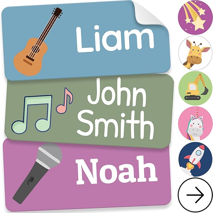 Personalized Name Labels for Kids (70 Labels) - Durable & Waterproof Custom Name Stickers for Clothing Tags, School Supplies, Camp & Daycare - Rhythm (1.2”x0.5”)