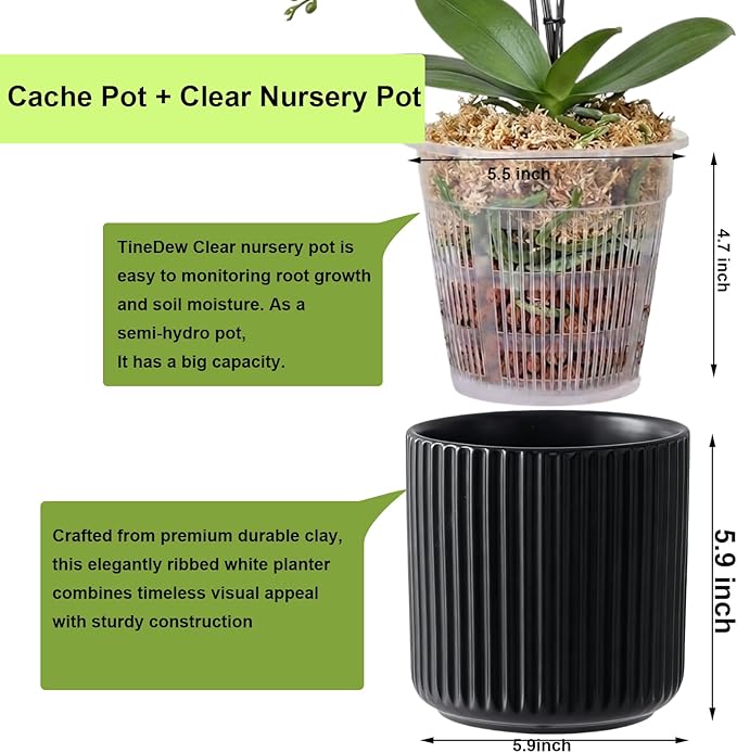 2 Pack of 6in Ceramic Cachepot with Clear Orchid Pot - self Watering Indoor Planter with Drainage for Root Visibility,semi Hydro pots for repotting Orchid,Black