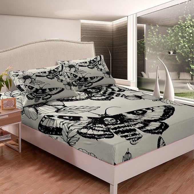 Feelyou Gothic Skull Bedding Set Decorative Death Moth and Flowers Sheet Set Queen Size for Kids Teens Adults Bedroom Decor Breathable Pesonalized Skeleton Bones Bed Sheet Set Black Cream Bed Sheets