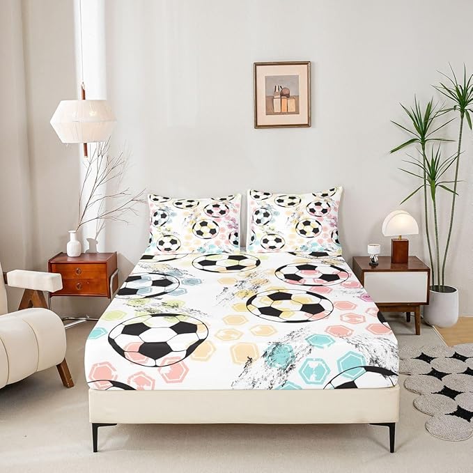 Queen Sheet Set Kids Football Bed Sheet Set For Boys Girls Bedroom Soft Microfiber Soccer Ball Sports Theme Decor Bed Sheets 3D America Football Games Bedding Set with Deep Pocket Fitted Sheet