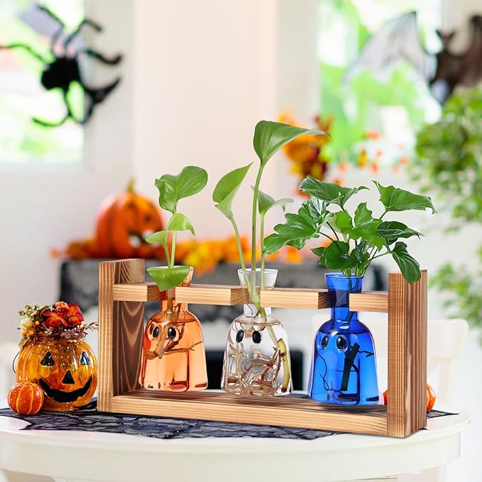 Mimorou Plant Propagation Stations Plant Terrarium with Wooden Stand Hydroponics Glass Vase Planter for Home Office Garden Table Decoration(Ghost)