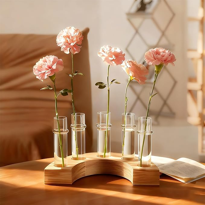 Plant Propagation Station with Wooden Stand, Glass Propagation Vase for Plants, Plant Terrarium Birthday Gifts for Women Mom Plants Lovers, Home Office Garden Decor, 5 Glass Tubes