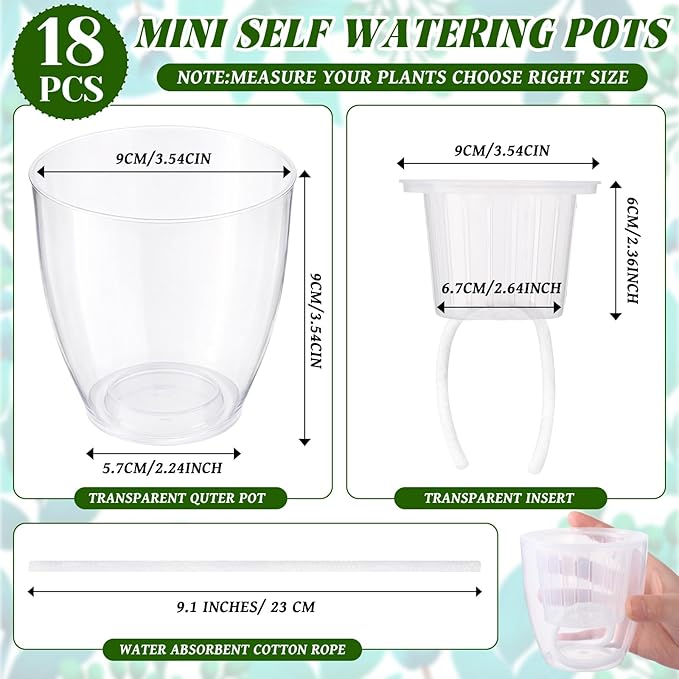 18pcs Self Watering Pots 3.5inch Plastic Flower Plant Pot with Inner Pot Self Watering Wick Planter White Clear Flower Pots for Indoor House Plants Herbs, Flowers, Succulents(Transparent)