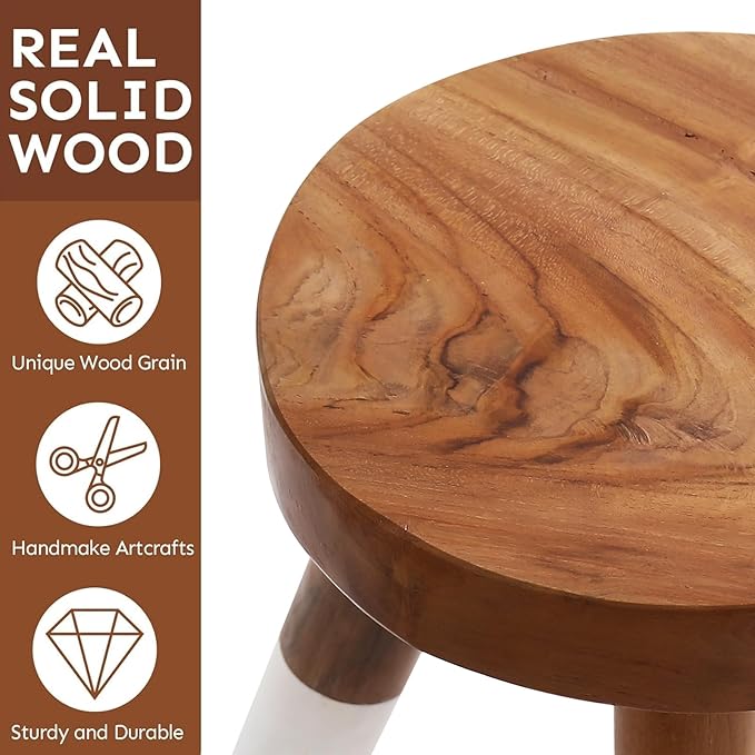 Teak 11.8" Round Dip Dyed Teak Stool | Wood Accent Side Table | Wood Plant Stand (24" Tall White)