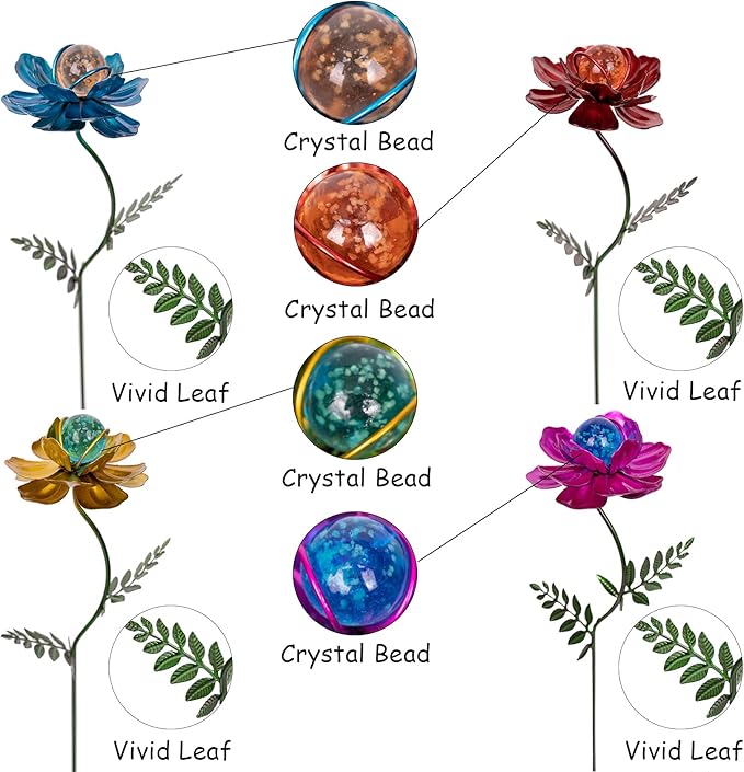 Viveta 4 Pack Flower Garden Stakes Decor, 12.9 inch Metal Flowers Outdoor Decor Waterproof Metal Flower Sticks for Patio, Lawn, Yard Decorations