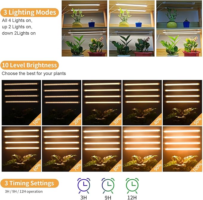 RWNTAO LED Plant Grow Lamp, 3500K Full Spectrum Growing Light Strips for Indoor Small Plants with 3/9/12H Timer & 10 Dimmable Levels, LED Growth Light for Green House Hydroponics Succulent 2 Pack