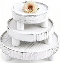 3 Pcs Wooden Display Risers Round Wood Pedestal Stand Mini Plant Tray Stand, 10-6 Inch Rustic-style decorative shelf for Displaying Plants and Candles (White)