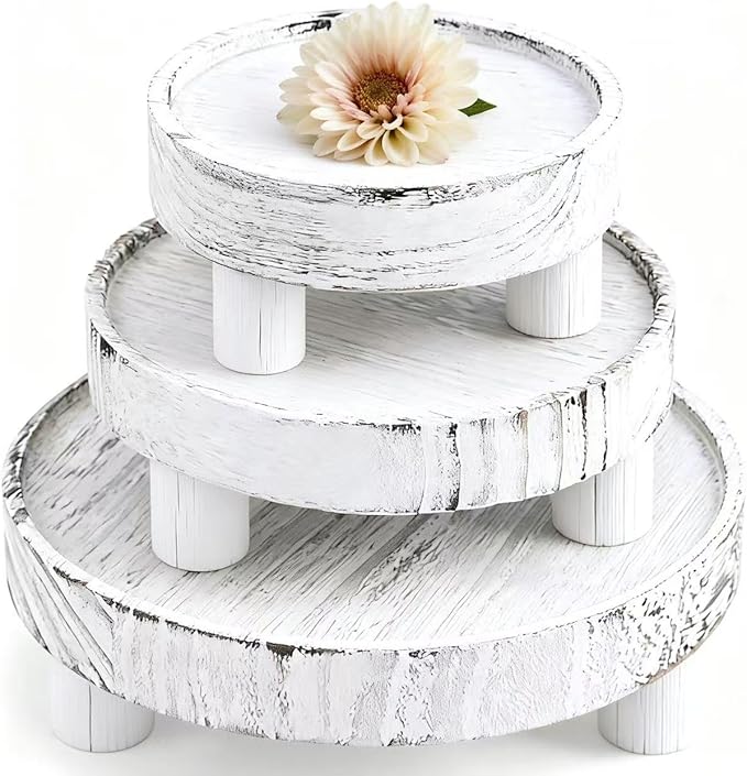 3 Pcs Wooden Display Risers Round Wood Pedestal Stand Mini Plant Tray Stand, 10-6 Inch Rustic-style decorative shelf for Displaying Plants and Candles (White)