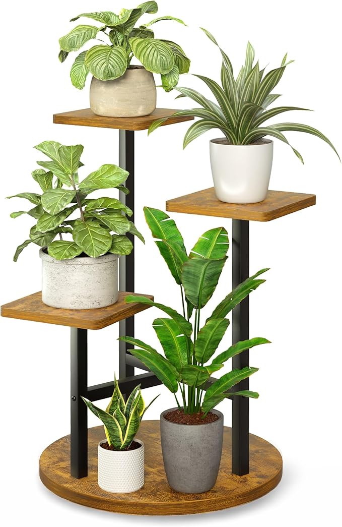3 Tier Square Wood Plant Stand Indoor Outdoor, Wood Tall Plant Rack, Heavy Duty Wrought Iron Flower Pot Stand, Planter Display Rack for Living Room Balcony Garden Patio - BlackSquare