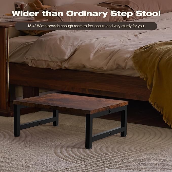 Flottian 6" Wooden Step Stools for Adults Kids,15.4" Extra Wide Heavy Duty Step Stool Holds Up to 300 lbs,Bed Step Stool for High Beds,Stools for Bedroom,Kitchen,SUV ect,Easy Assemble,Rustic Brown