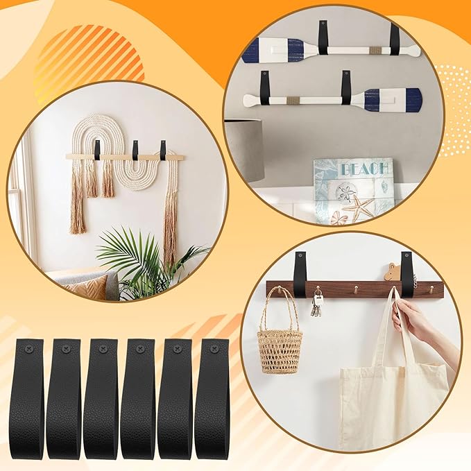 Curtain Rod Holders,Set of 8 Leather Curtain Rod Brackets with Screws,PU Curtain Rod Hangers Stylish Black Leather Straps Hooks for Wall Pole Macrame Boho Art Décor