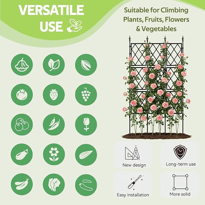 Garden Trellis for Climbing Plants Outdoor - 65" PE-Coated Metal Pipes & Plastic Grids Rose Wall Trellis Frame - Sturdy Privacy Screen Plant Support Fence for Flowers Vines Vegetables