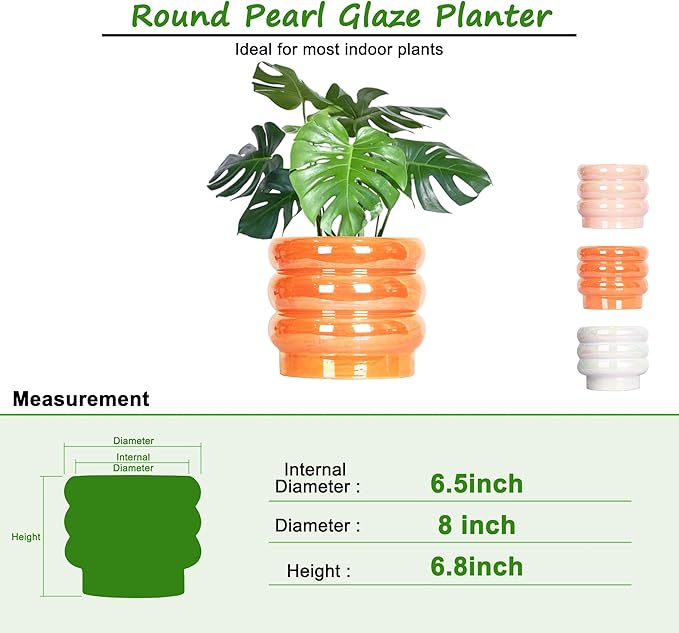 7.8 Inch Ceramic Plant Pots for Indoor Plants, Rainbow Pearl Glaze Planter with Planters for Plants with Drainage Hole, Orchid Pots, Succulent Pot, Flower Pot (Orange)