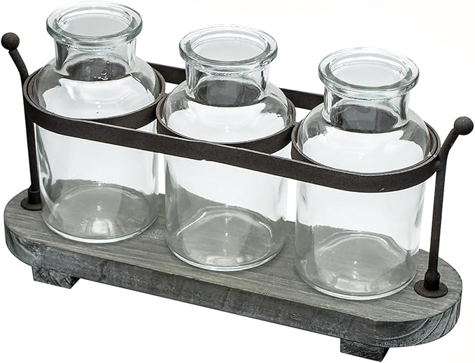 Propagation Stations with Rustic Wood Metal Stand, Glass Vase Set with Wicker Basket Holder, 3 Bottles, Rustic Farmhouse Decor, Home and Office Table Decor (Set of 3 Bottles)