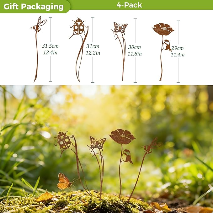 KODIBO 4-Pack Metal Garden Stakes Outdoor Decor, Vintage Rust Patina Bird Bee Butterfly Ladybug Garden Stake Set, Decorative Yard Art for Flower Bed, Planters, Patio & Lawn, Gift for Garden Lovers