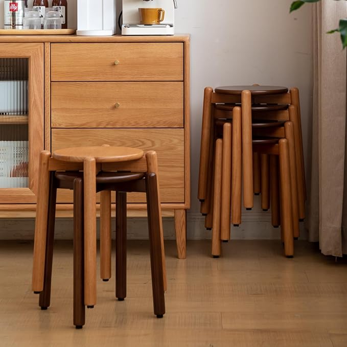 Oak Stackable Stool, Small Plant Stand, Round Wooden Stool for Dining Room, Living Room, Entryway, Classroom, School, 15.4" x 15.4" x 16.7”, Walnut