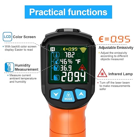 Infrared Thermometer Gun, Non Contact Digital Laser Thermometer Temperature Gun with Color LCD for Cooking, Home Repairs, Humidity Measurement, Adjustable Emissivity -58°F to 1472°F(-50~800°C)