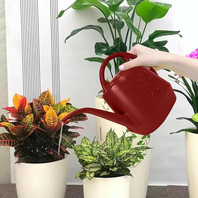 Watering Can 1 Gallon with Comfortable Handle, Flower Patterns Watering Can Indoor Plants, Plastic Long Spout Watering Can for House Plants Succulent Bonsai Garden Flower Outdoor (Red)