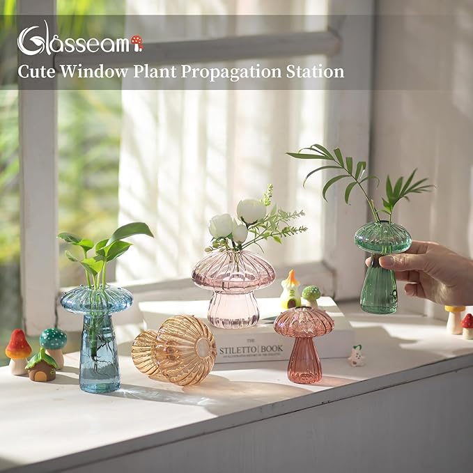 Glasseam Mushroom Propagation Stations for Plants: Colored Hand-Blown Cute Glass Planters for Indoor Plants - 5Pcs Small Hydroponic Terrarium Jars for Home Decor - Gifts for Women Mom Friends