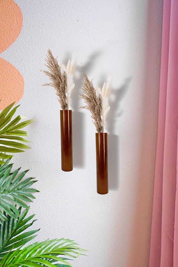 AIM & GGKK Wood Wall Vase for Flowers Set of 2, Wall Mounted Wooden Planters Holder for Indoor Plants, Bedroom Living Room Bathroom Kitchen Modern Decor
