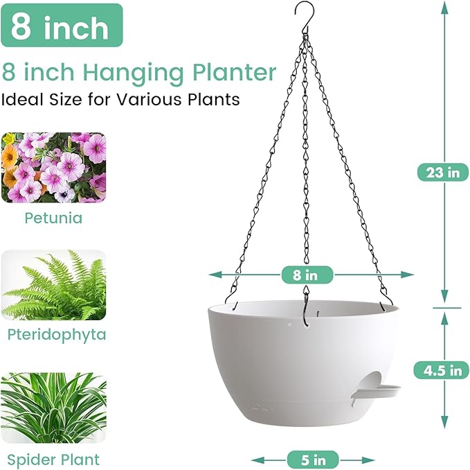 UOUZ 4 Pack 8 Inch Self Watering Hanging Planters for Indoor Outdoor Plants，Hanging Pots for Plants with Drainage Removable Tray, Hanging Baskets Flower Pots for Ivy Pothos Spider Garden Porch White