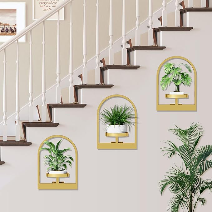 Wall Plant Stand, Hanging Frame Decor Planters for Indoor Plants, Plant Wall Hanger for Living Room/Entryway/Garden Flower Pot Holder Free Garden Shears (Arc-Gold, 2pcs)