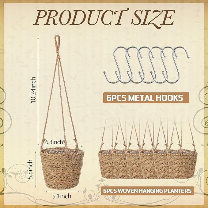 6 Pcs Seagrass Hanging Planter Basket Hand Woven Plant Basket with Plastic Liners Hanging Plant Holder Storage Containers with Cotton Rope for Indoor Outdoor Garden Home Decor (Brown)