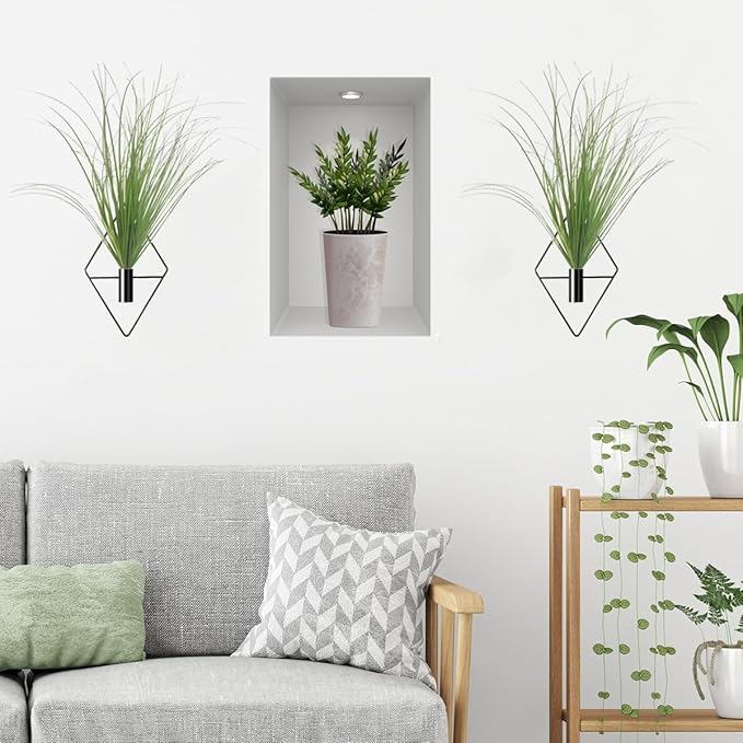 Hanging Planters with Artificial Plants, 2pcs Diamond Shape Metal Hanging Vase with Artificial Shrubs Wheat Grass Greenery Indoor Plants Holder Wall Decor for Home Living Room Bedroom Office (Black)