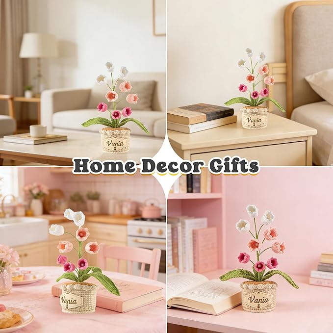 Crochet Flowers with Personalized Leather Name Tag Handmade Knitted Flowers for Home Office Desk Decor Crochet Lily of the Valley Flower Pot for Women,Teachers, Birthday Crochet Gifts(Pink)