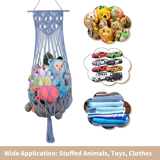 Stuffed Animal Storage Hammock Corner, 63'' Jumbo Boho Macrame Toy Holder Wall Mounted, Hanging Net Organizer for Nursery Decor, Dark Blue Plush Toy Net with Star Light for Boys Girls Gift