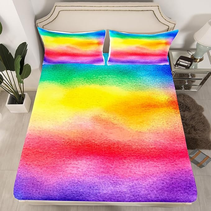 Feelyou Queen Sheet Set for Kids Girls Rainbow Stripe Bright Watercolor Soft Kids Bedding Set, 1 Flat Sheet,1 Deep Pocket Fitted Sheet, and 2 Pillow Case, Breathable, Teens Children Bedroom Decor