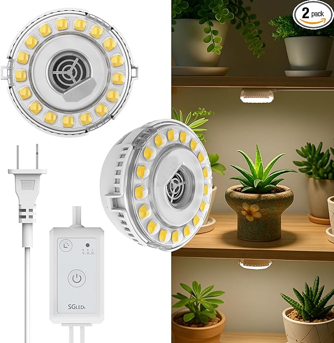 Plant Lights for Indoor Growing, 2 Pack 5W+5W Puck Grow Light, 150 Watt Equivalent,Small Full Spectrum High PPFD Mini Plant Growing Lamps with Timer, Sun Lamp Hanging Grow Lights for Shelves