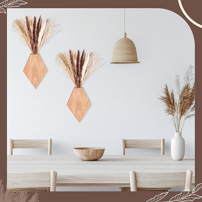 2 Pcs Bohemian Wooden Wall Planter Set with Pampas Grass Modern Farmhouse Wall Decor for Living Room, Bathroom, Bedroom, Office(Original Wood Color,Regular Style)
