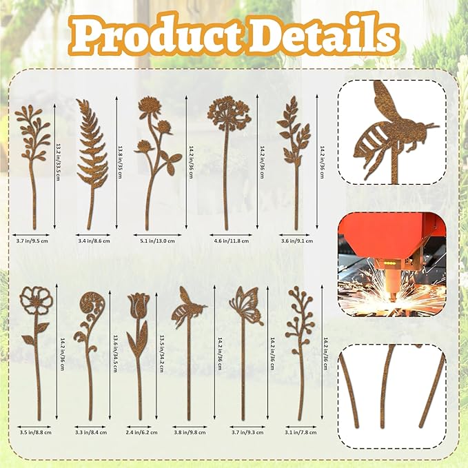Metal Flowers for Outside, Rusty Plant Shaped Decoration, Rustic Decorative Garden Stakes, Metal Art for Outside, Flower Arrangement Potted Plants Outdoor Lawn Yard Courtyard Art (11pcs)
