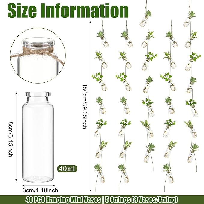 40 Pcs Hanging Plant Propagation Jars Mini Glass Hanging Planters Glass Hydroponic Plant Cutting Bottles with Rope Window Wall Planter for Indoor Plants Home Decor