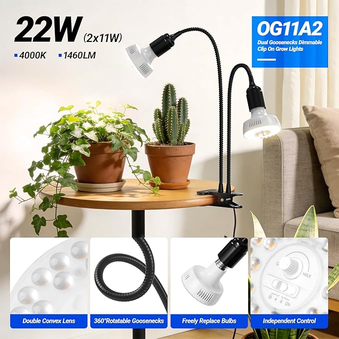 Barrina Orbgrow OG11A2 Clip On Grow Lights for Indoor Plants, Integrated Stepless Dimming & Timing, 4000K 22W(2 x 11W, 200 Watt Equiv), Full Spectrum 2-Gooseneck with E26 Plant Light Bulbs