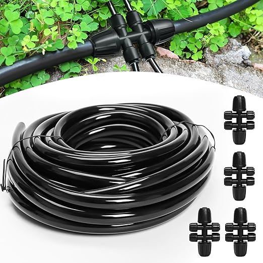 Bonviee 50FT 5/16” Drip Irrigation Mainline Tubing with 4-Way Push-to-Connect Couplers (4 Pack) – Compact DIY Garden Irrigation Distribution System for Misting, Raised Beds & Small Spaces