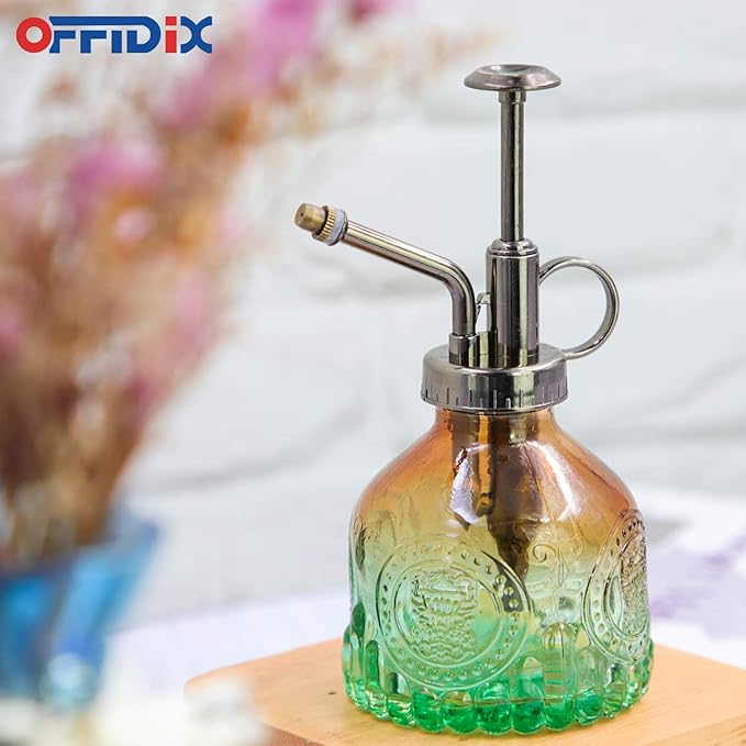 OFFIDIX Glass Plant Mister Spray Bottle, Vintage Spritzer, Succulent Watering Bottle with Bronze Plastic Top Pump, Small Sprayer Mister for Garden and Indoor Plants