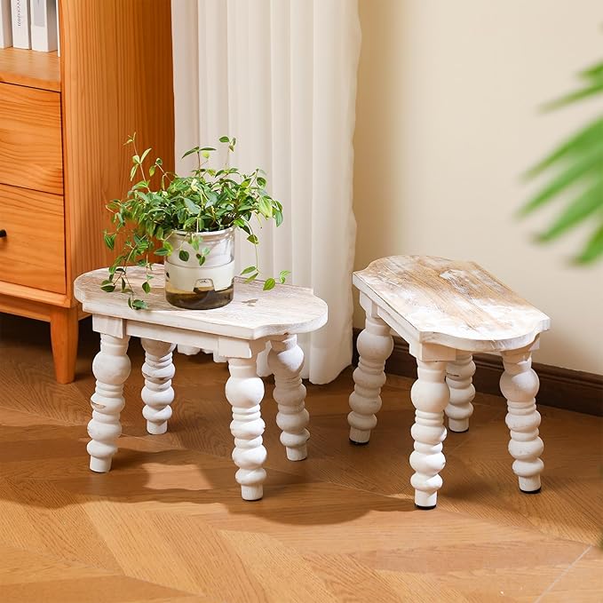 Reallnaive 2 Pack Wooden Bathroom Foot Stool Vintage Farmhouse Style Decorative Wooden Stool Stand Small Plant Stools for Adults Kitchen Bedroom Nightstand or Living Room Accent Table
