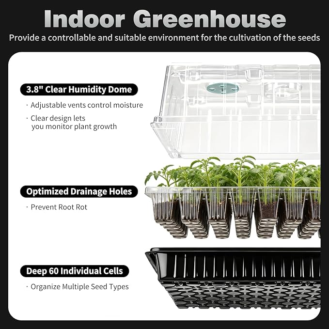 60 Cell Seed Starter Tray Kit with Grow Light, 3.8" Humidity Dome and 20.47" Heat Mat - Indoor Seed Germination Station for Faster Planting, Complete Gardening Kit for Vegetables, Herbs, Microgreens