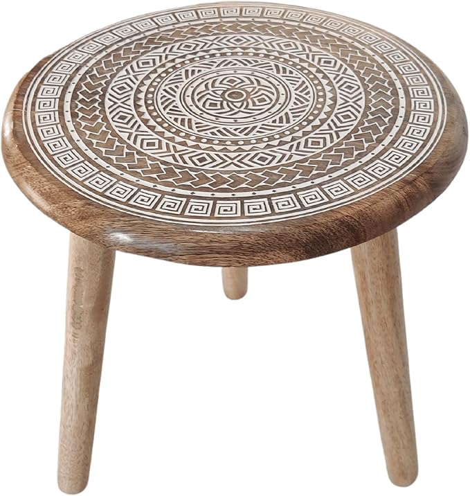 VANIYA CRAFTS® Wooden Engraved Fold-able Side Table/End Table/Plant Stand/Stool for Living Room Bedroom Restaurant Kids Play Furniture Table Round Shape (Natural White 2)
