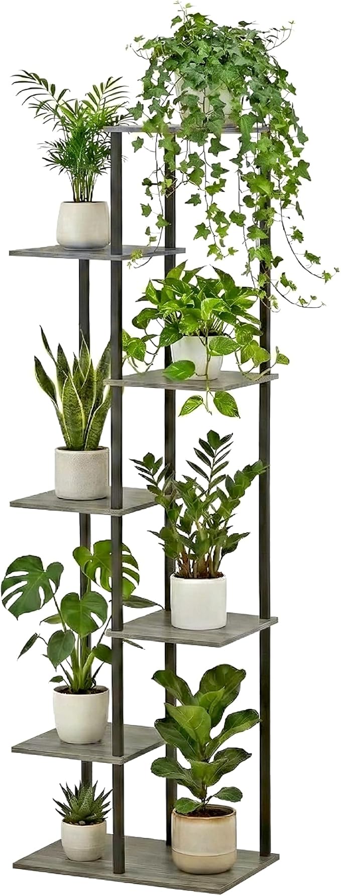 Plant Stand Indoor 7 Tier 8 Potted Metal Wood Plant Shelf, Multiple Flower Pots Corner Tall Plant Holder Stands for Living Room Balcony Bedroom, Oak Grey