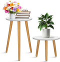 Briwooody 2 Pcs Indoor Plant Stand Mid Century Vintage Wood Modern Flower Pots Holder Round Side Table End Table Plant Stools for Living Room Corner Balcony Decor (White)